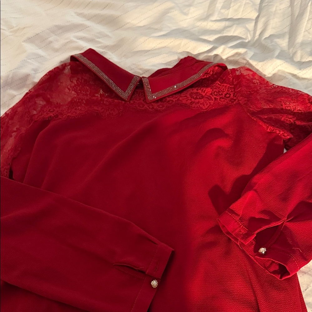 Stylish Red Lace Blouse with Embellished Collar